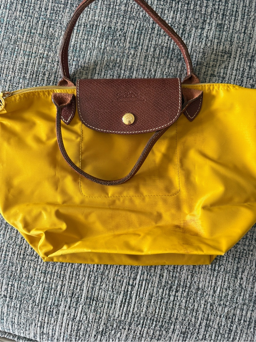 Longchamp Yellow Nylon Tote with Brown Leather Trim